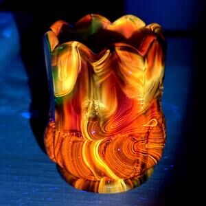 Blacklight Beaded Oval Toothpick Holder Boyd Glass 1999 Autumn Harvest GLOW OOAK